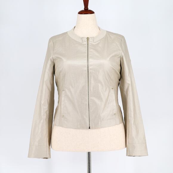 Etcetera Women Pearl Grey Casual Full Zip Up Moto Styled Short Jacket Size US 12